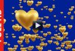Gold Balloons Hearts Moving Up in Blue Background