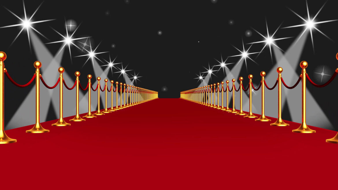 Red Carpet Event Walk with Spotlights Against Black Background Red Carpet Event Walk with Spotlights Against Black Background
